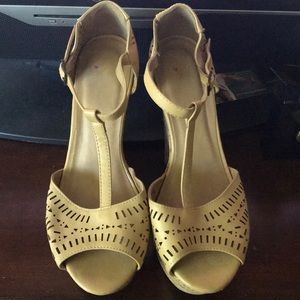 Tan, peep toe wedge
